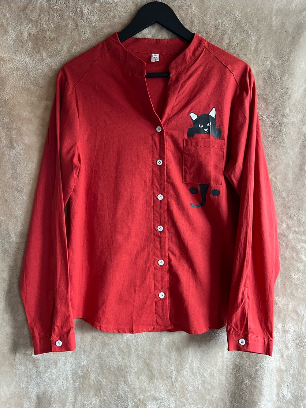 DAYOU Red Black Cat Pocket Button Front Blouse Women’s XL Novelty Long Sleeve